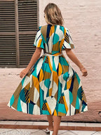 Printed Spring A-line, Pleated, V-Neck Dress with Belt