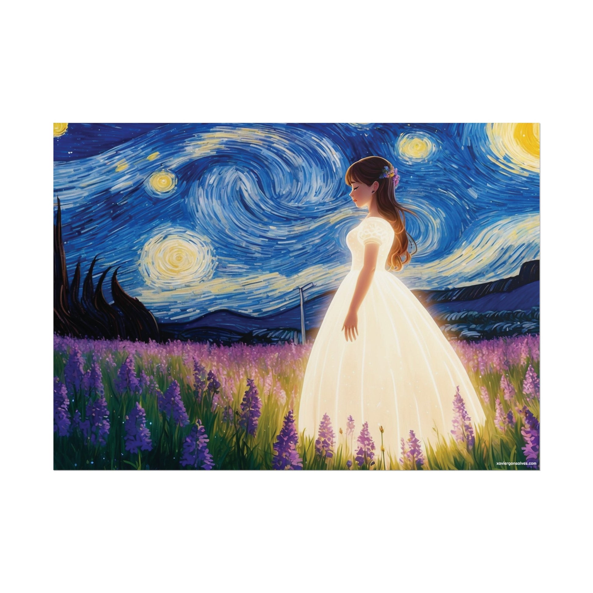 Xavi's Glowing Dress Woman in Lavender Field Matte Horizontal Poster - Xavi's World