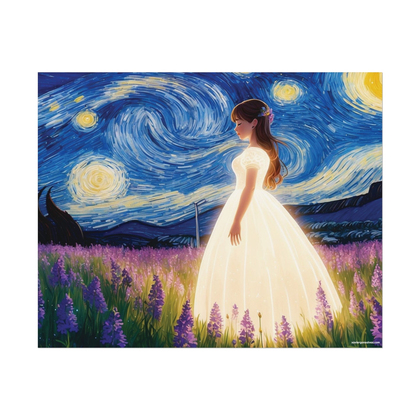 Xavi's Glowing Dress Woman in Lavender Field Matte Horizontal Poster - Xavi's World