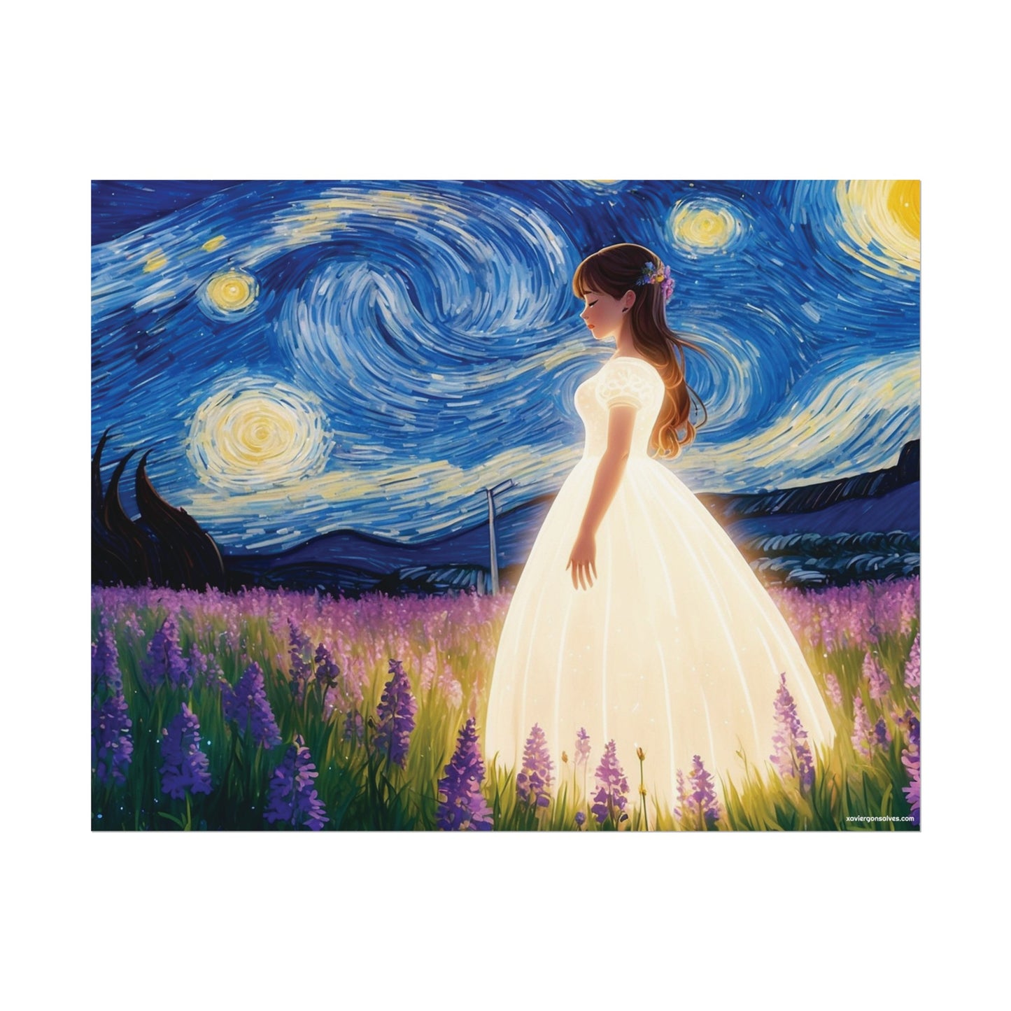 Xavi's Glowing Dress Woman in Lavender Field Matte Horizontal Poster - Xavi's World