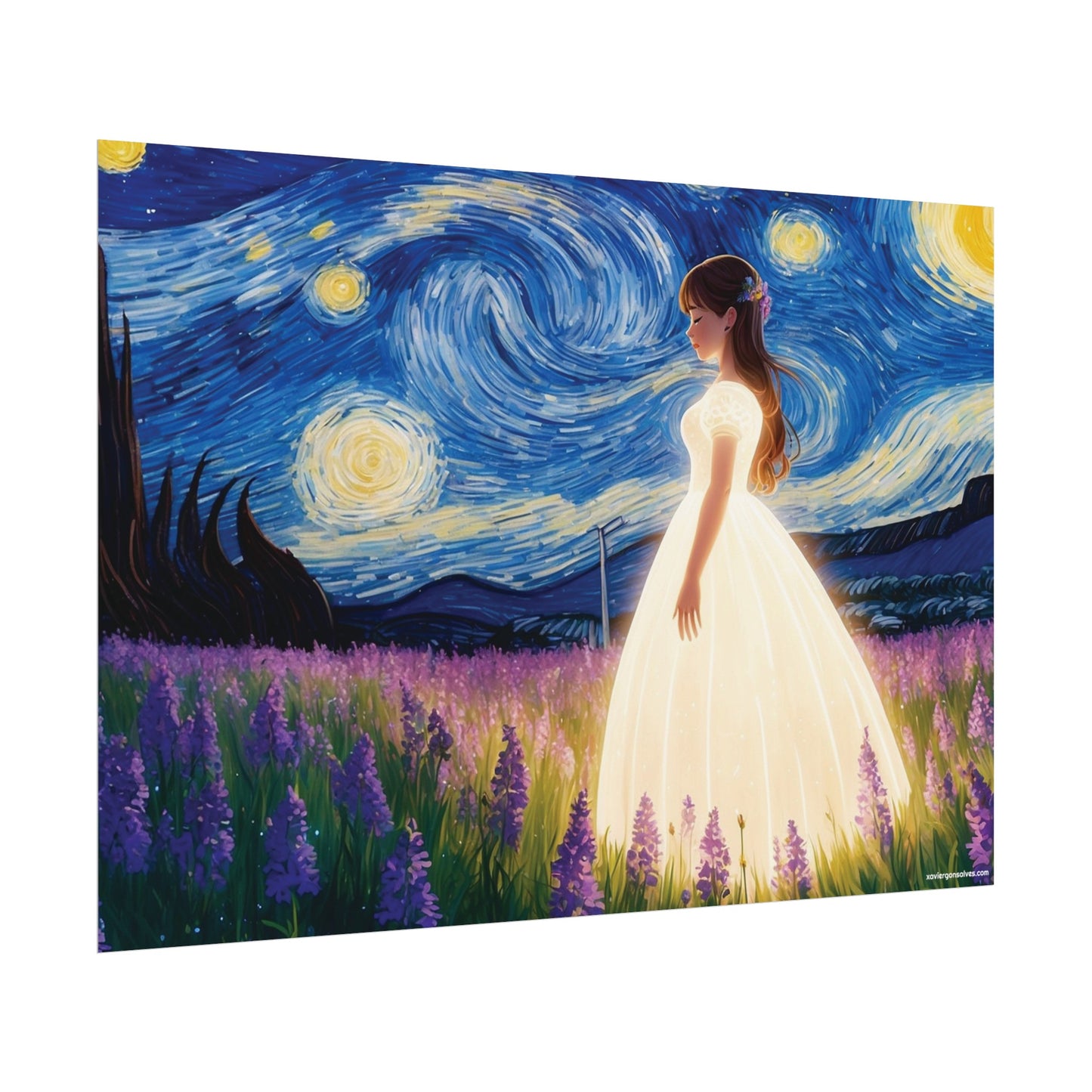 Xavi's Glowing Dress Woman in Lavender Field Matte Horizontal Poster - Xavi's World