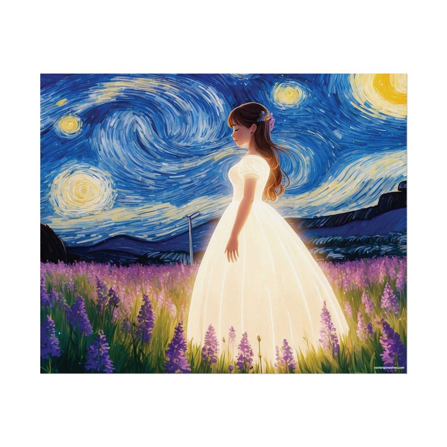 Xavi's Glowing Dress Woman in Lavender Field Matte Horizontal Poster - Xavi's World