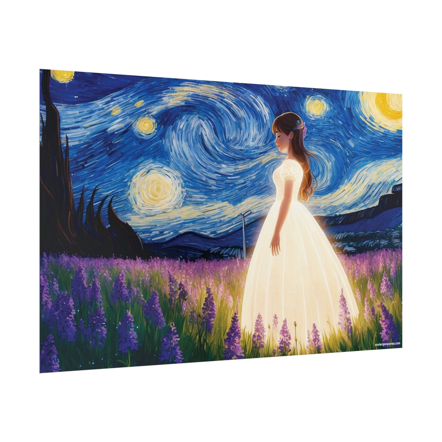 Xavi's Glowing Dress Woman in Lavender Field Matte Horizontal Poster - Xavi's World