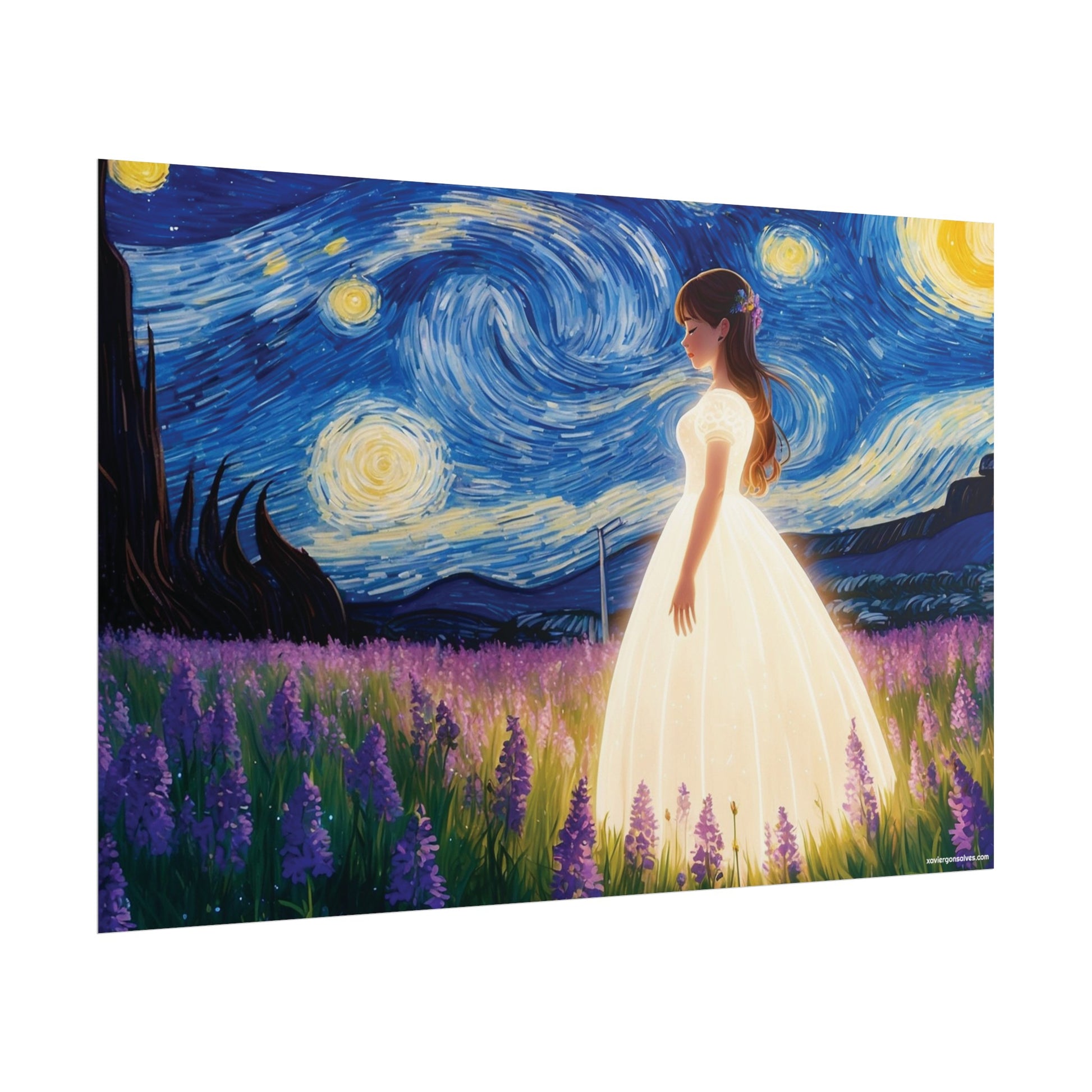 Xavi's Glowing Dress Woman in Lavender Field Matte Horizontal Poster - Xavi's World