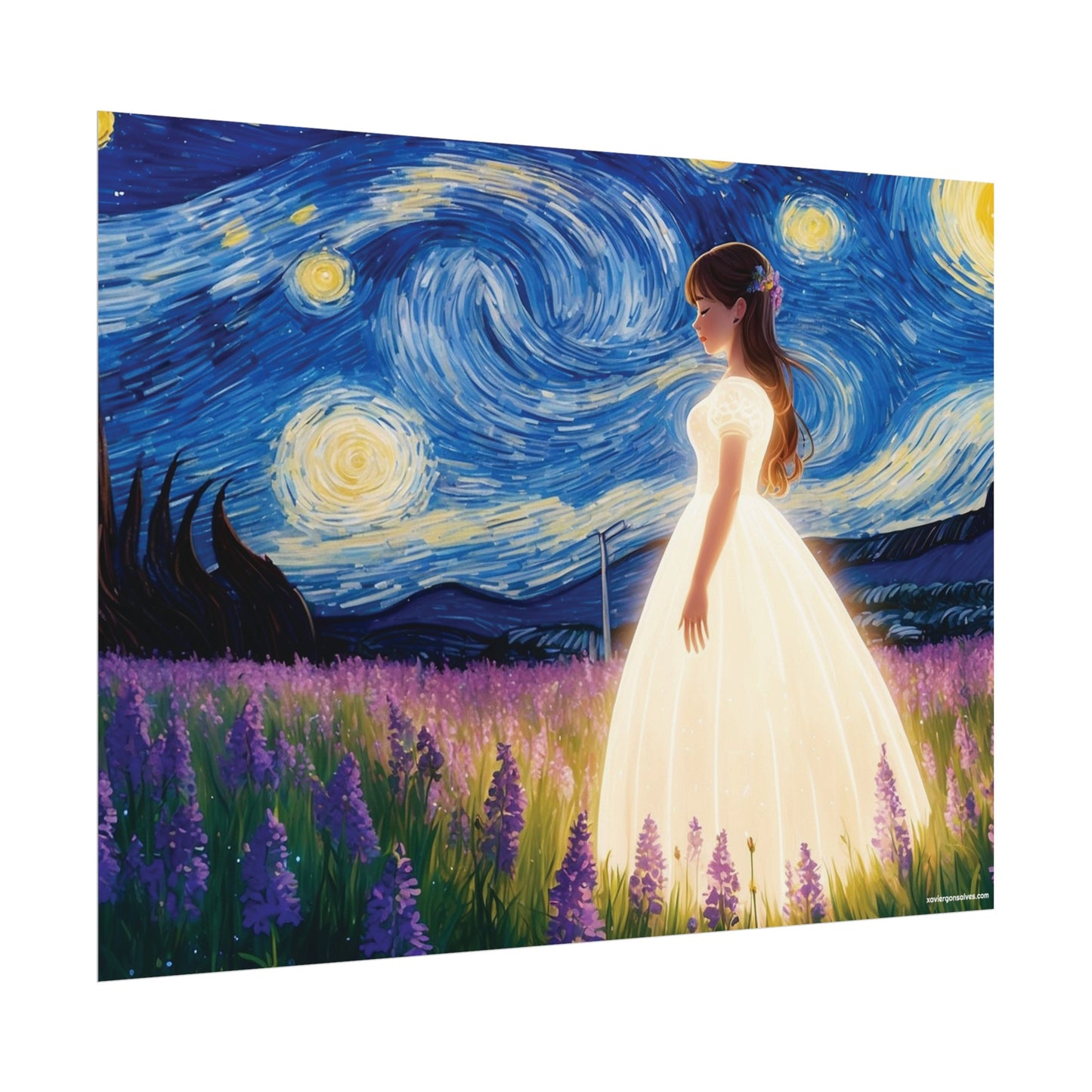 Xavi's Glowing Dress Woman in Lavender Field Matte Horizontal Poster - Xavi's World