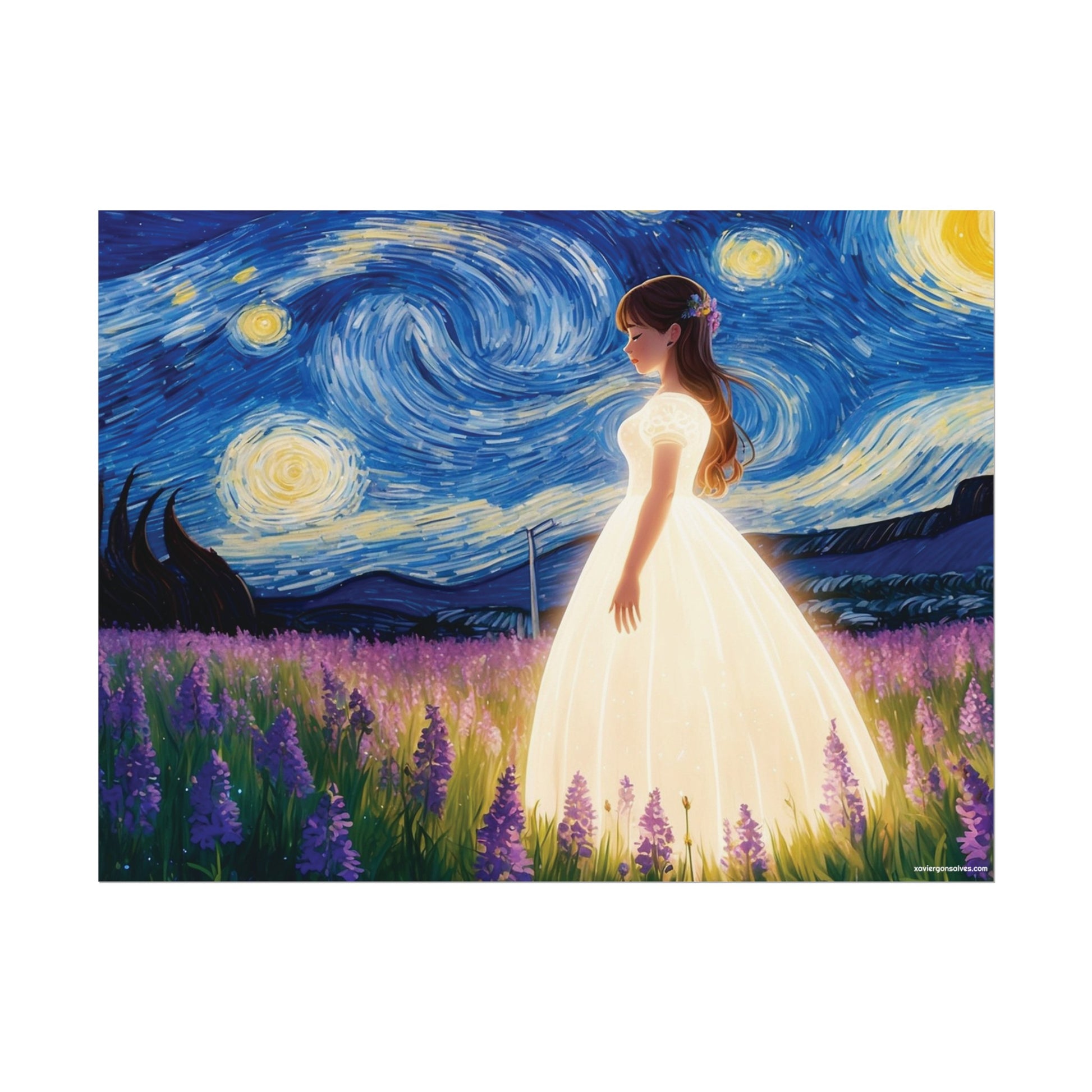 Xavi's Glowing Dress Woman in Lavender Field Matte Horizontal Poster - Xavi's World