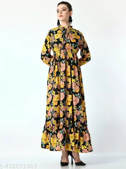 Spanish Style Floral Print Long Sleeves Tie-Up Neck Dress