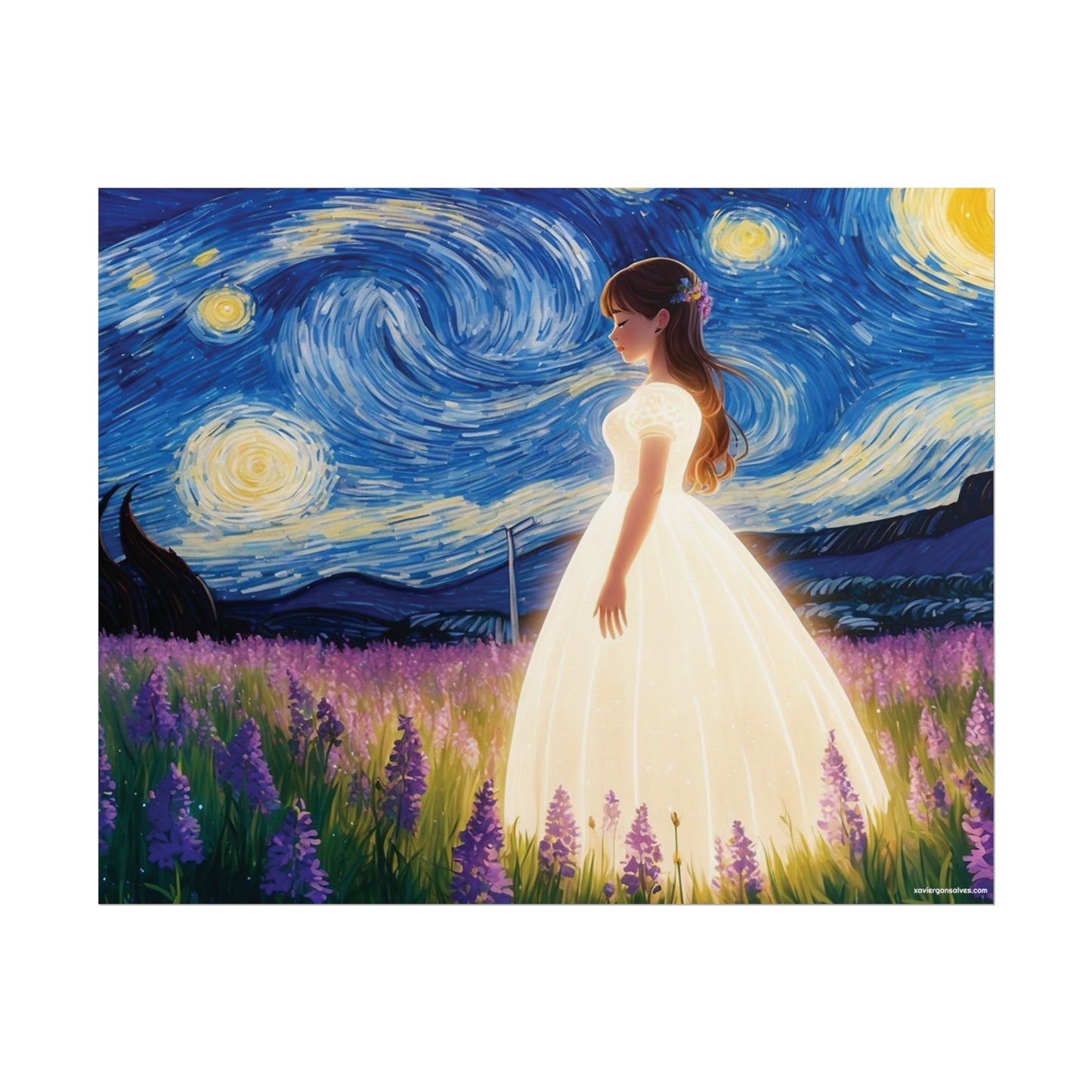 Xavi's Glowing Dress Woman in Lavender Field Matte Horizontal Poster - Xavi's World