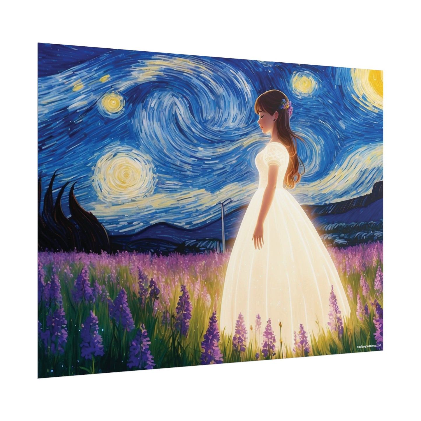 Xavi's Glowing Dress Woman in Lavender Field Matte Horizontal Poster - Xavi's World