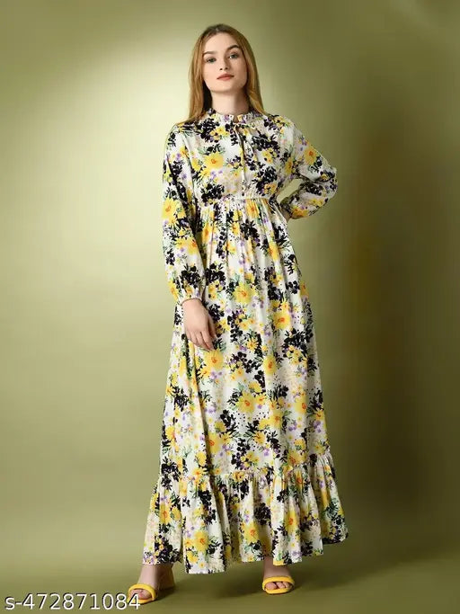 Spanish Style Floral Print Long Sleeves Tie-Up Neck Dress