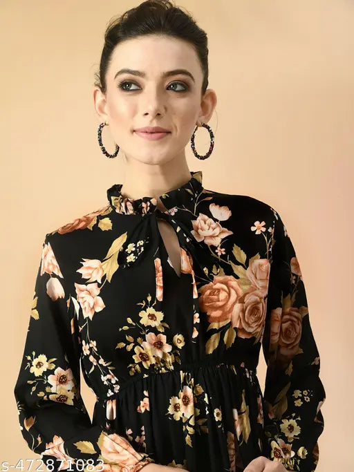 Spanish Style Floral Print Long Sleeves Tie-Up Neck Dress