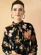 Spanish Style Floral Print Long Sleeves Tie-Up Neck Dress
