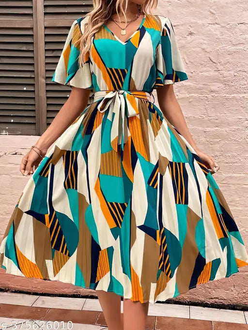 Printed Spring A-line, Pleated, V-Neck Dress with Belt