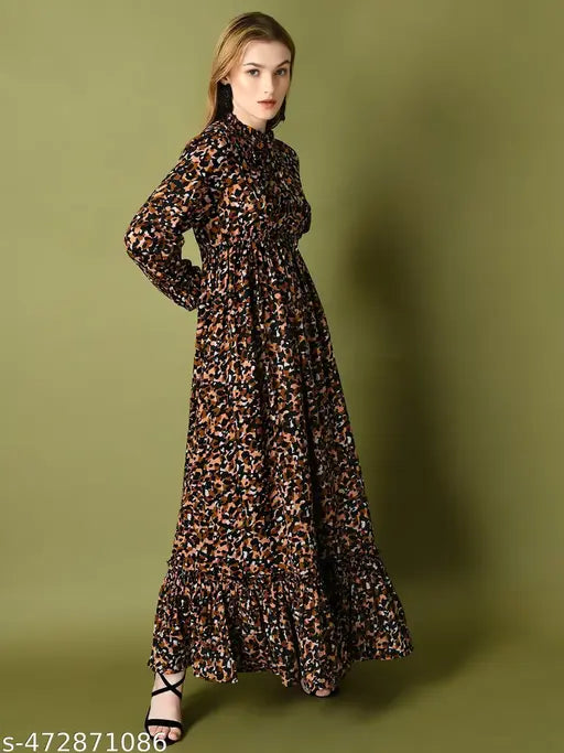 Spanish Style Floral Print Long Sleeves Tie-Up Neck Dress