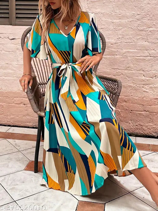 Printed Spring A-line, Pleated, V-Neck Dress with Belt