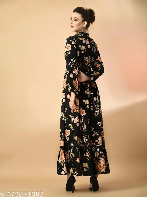 Spanish Style Floral Print Long Sleeves Tie-Up Neck Dress