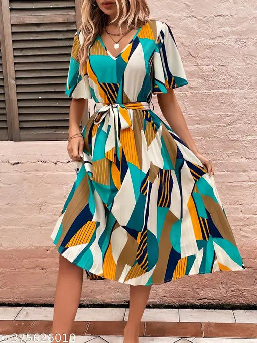 Printed Spring A-line, Pleated, V-Neck Dress with Belt