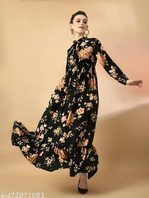 Spanish Style Floral Print Long Sleeves Tie-Up Neck Dress
