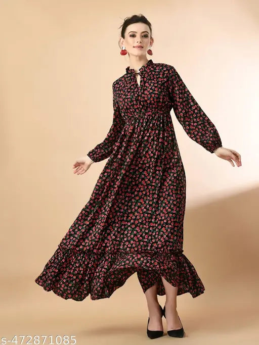 Spanish Style Floral Print Long Sleeves Tie-Up Neck Dress