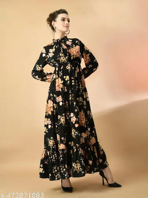 Spanish Style Floral Print Long Sleeves Tie-Up Neck Dress