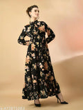 Spanish Style Floral Print Long Sleeves Tie-Up Neck Dress