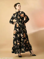 Spanish Style Floral Print Long Sleeves Tie-Up Neck Dress