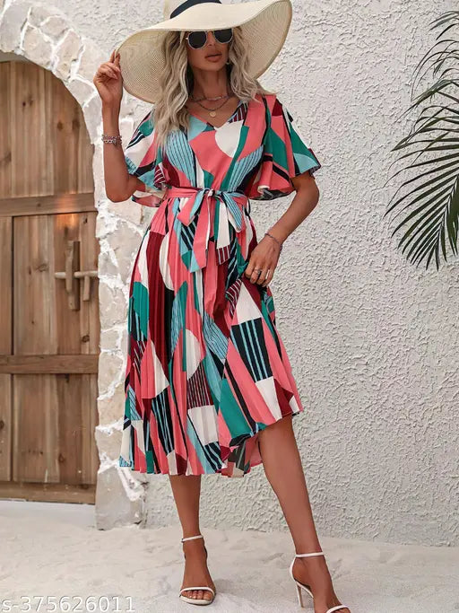Printed Spring A-line, Pleated, V-Neck Dress with Belt