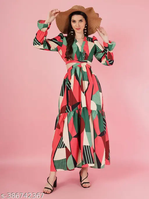 Trendy V Neck Fit and Flare Waist Cutout Dress